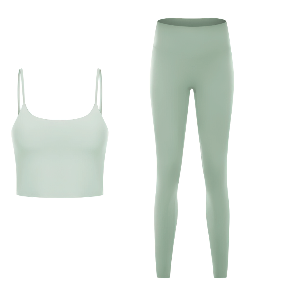 Eco-friendly quick dry solid color sleeveless yoga set SF2144 includes crop top and leggings with anti-pilling design.